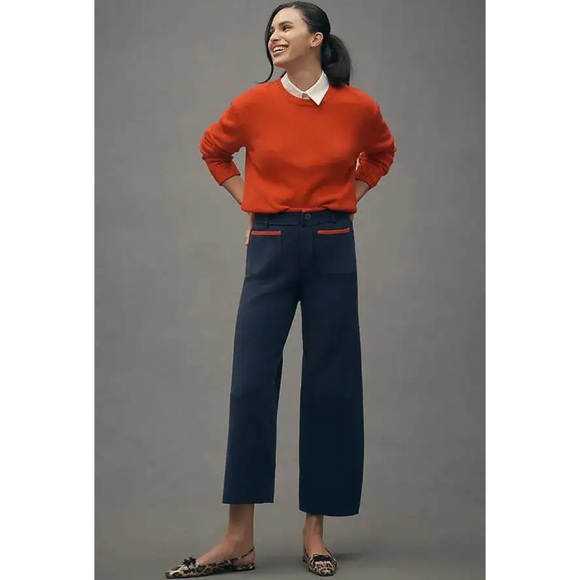 New Anthropologie The Colette Sweater Knit Wide-Leg Pants Navy Blue Large - Picture 7 of 9